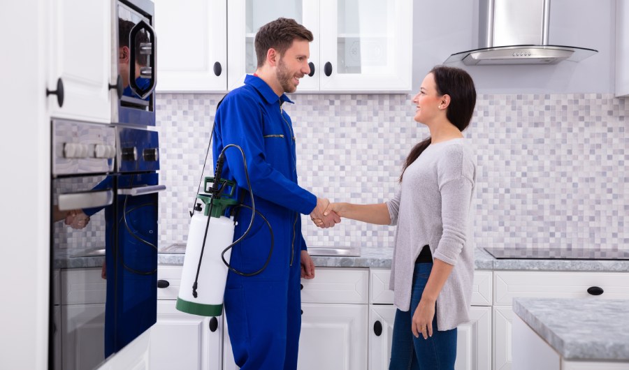 Male Pest Control Worker Shaking Hands With Happy Woman