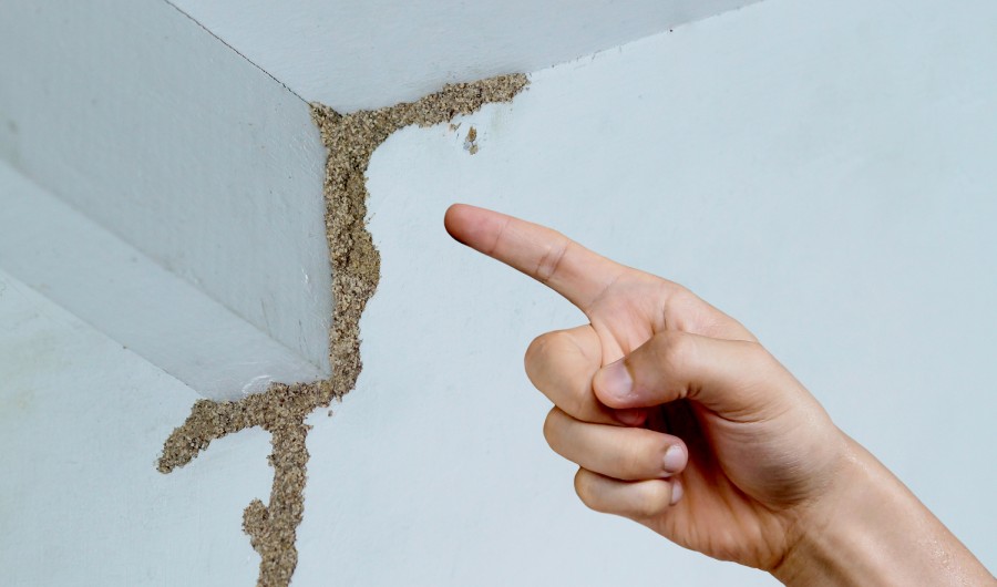 Hand pointing at a termite nest on wooden wall of a room.